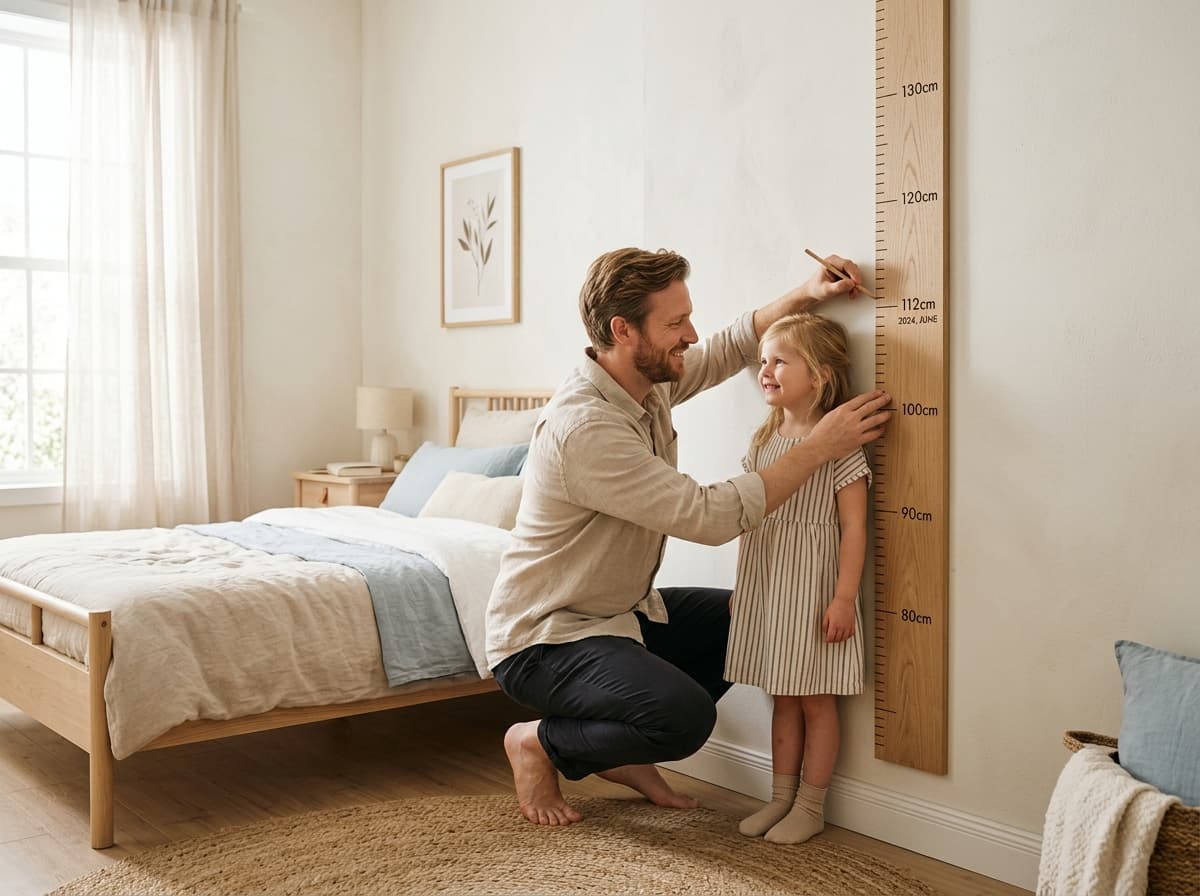Padre midiendo la estatura de su hija en un gráfico de pared
